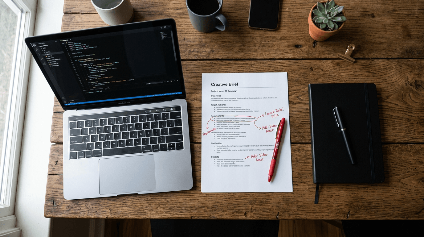 Three workspaces comparing AI vs agency content marketing with a laptop, creative brief, and blank notebook on a wooden desk.