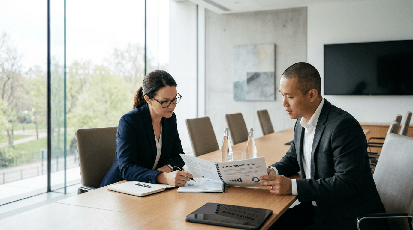 Two professionals in a modern boardroom review documents to build marketing function without hiring.