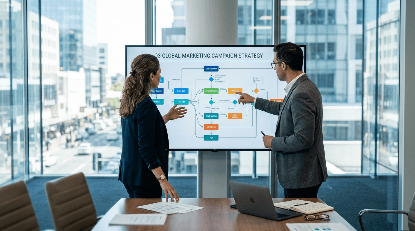 Marketing professionals analyzing a digital flowchart, solving why AI content sounds generic in a modern office setup.